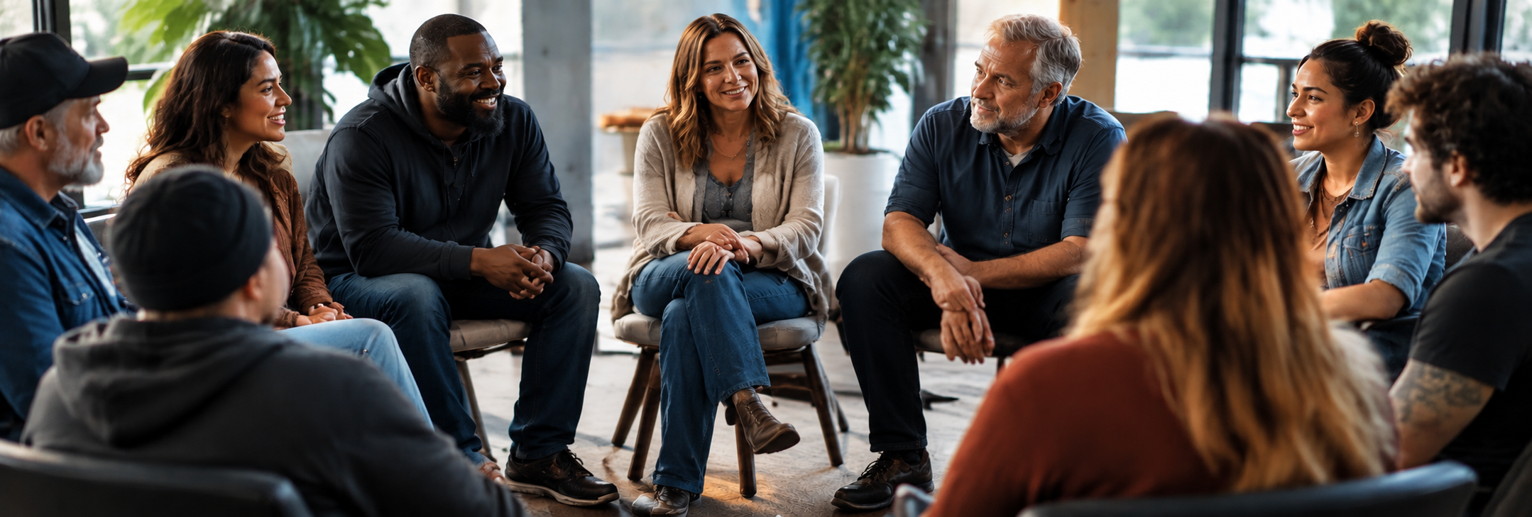 Diverse group of people sharing experiences in a supportive discussion